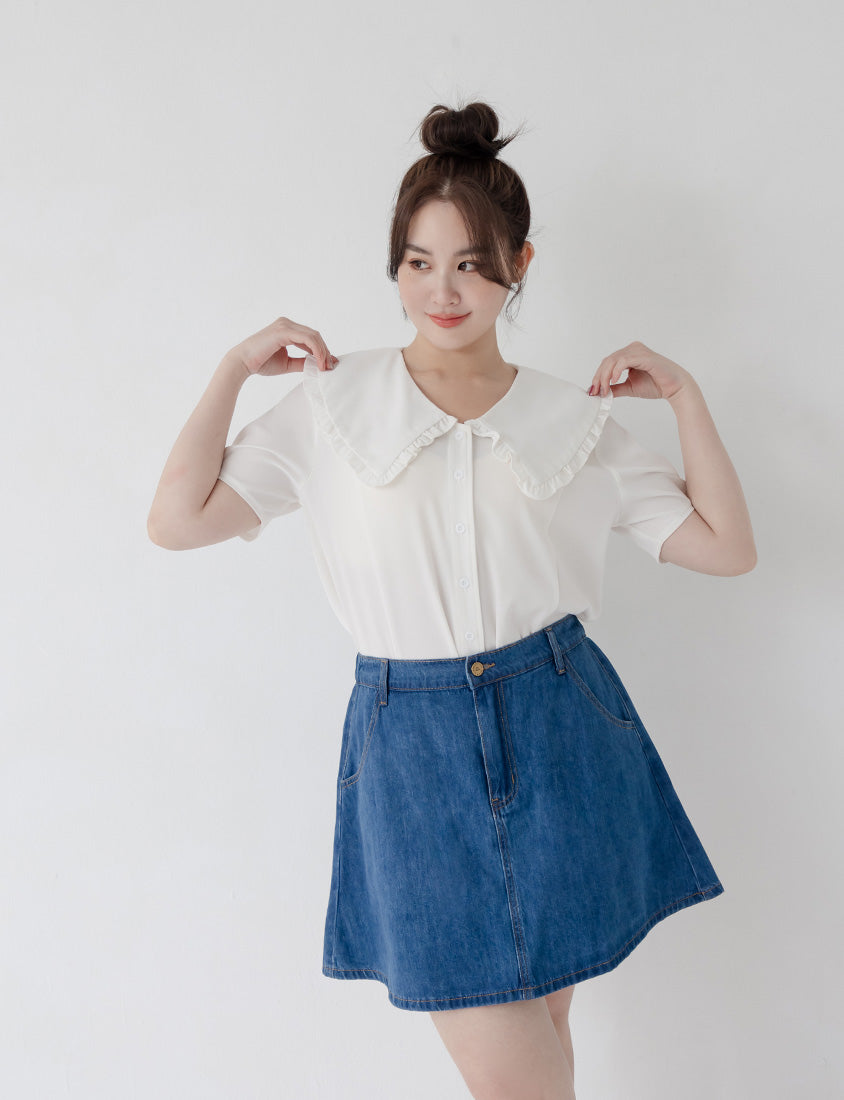 Playful Large Ruffle Collar Plus Size Short Sleeve Top