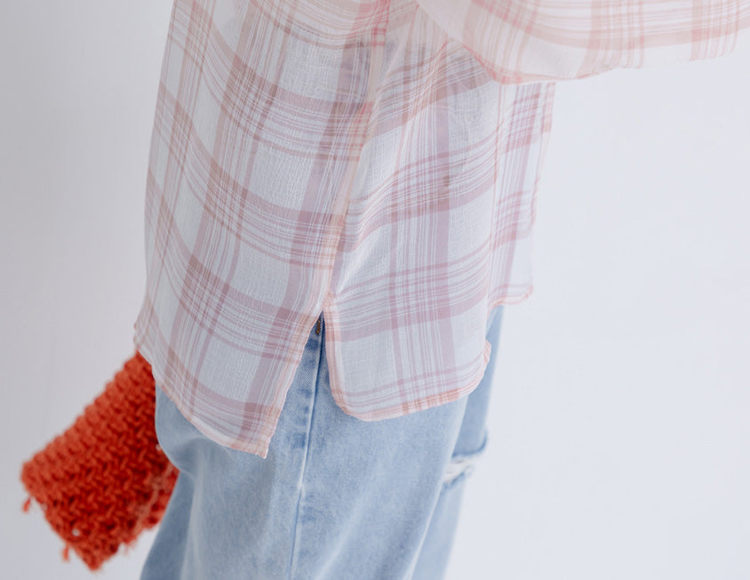 Crinkled Texture Sheer Plaid Plus Size Long Sleeve Shirt
