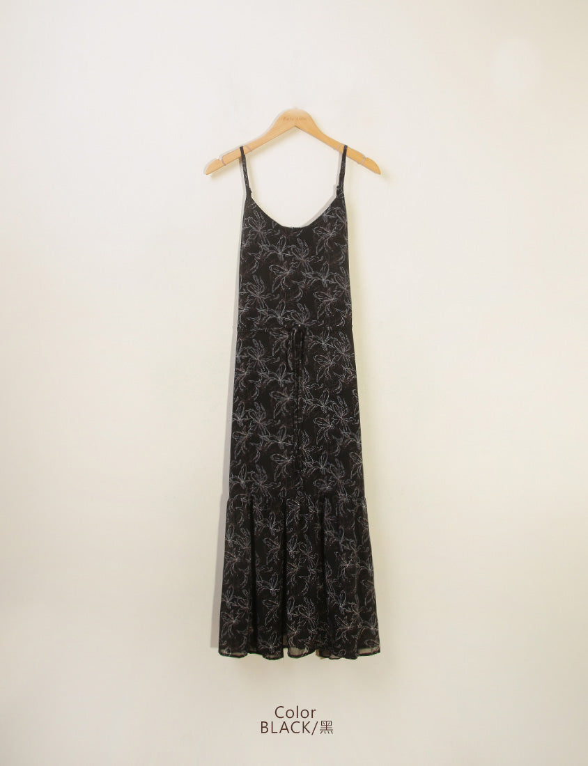 Adjustable Hand-Painted Floral Cami Dress (with Waist Tie)