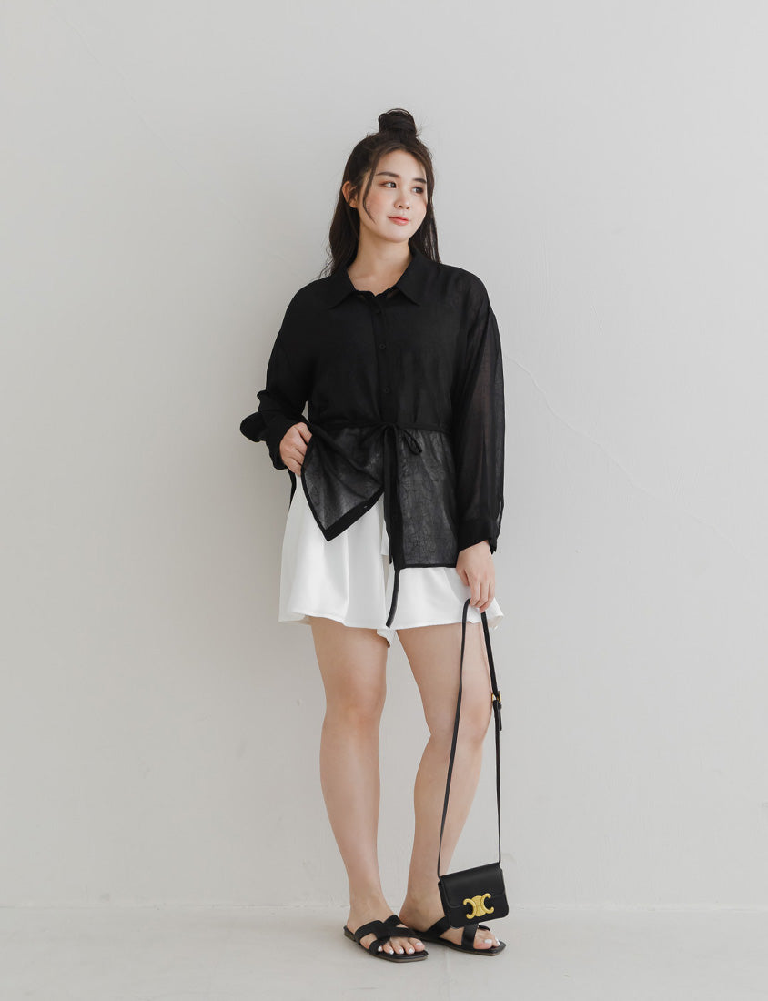 Flowy Crinkled Sheer Plus Size Blouse (With Tie)
