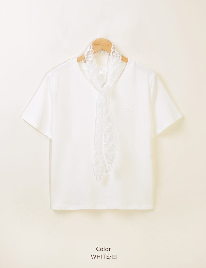 MISS. Cooling V-Neck Lace Plus Size Embroidered Tee (with Scarf)