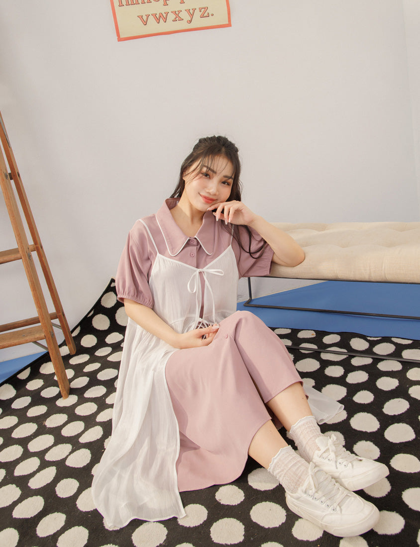 Color-Trimmed Plus Size Puff Sleeve Maxi Dress (With Waist Tie)
