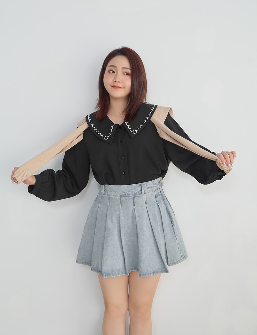 Contrast Embroidered Oversized Collar Plus Size Long Sleeve Shirt