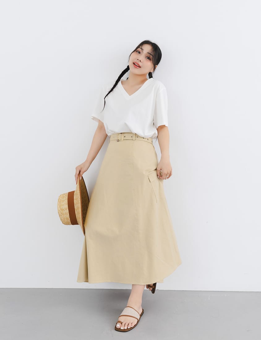 Soft Cotton Linen Stitch A-Line Plus Size Maxi Skirt (with Belt)