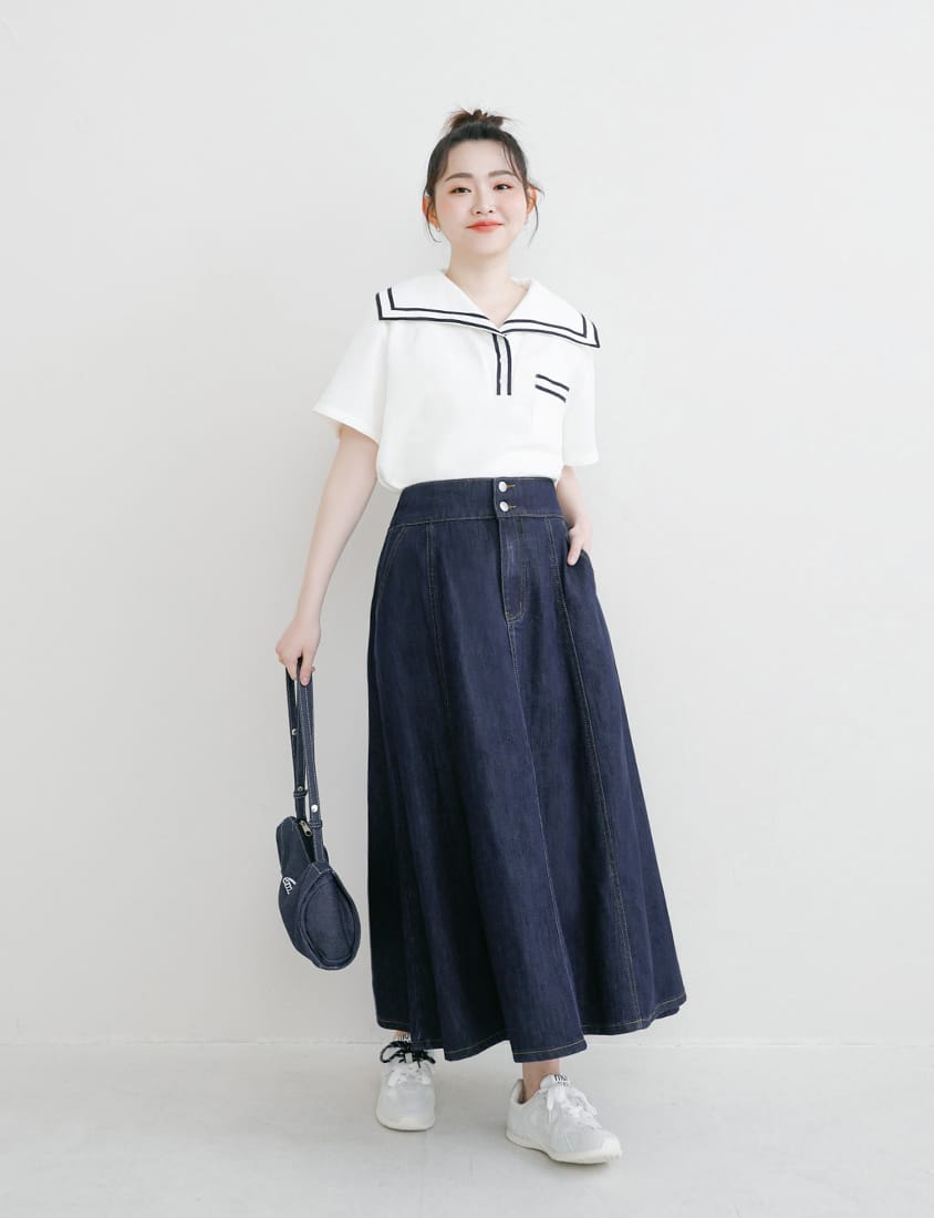 Lyocell Silky Denim Elastic Back Flare Plus Size Maxi Skirt