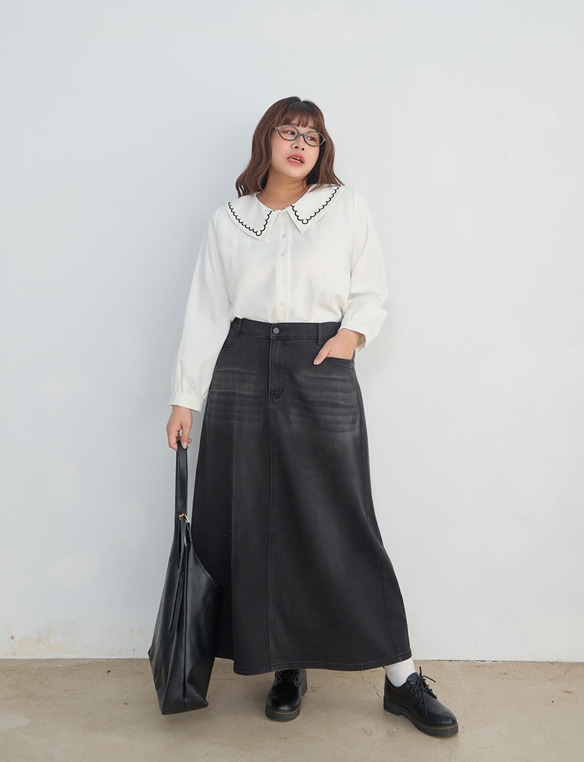 Contrast Embroidered Oversized Collar Plus Size Long Sleeve Shirt