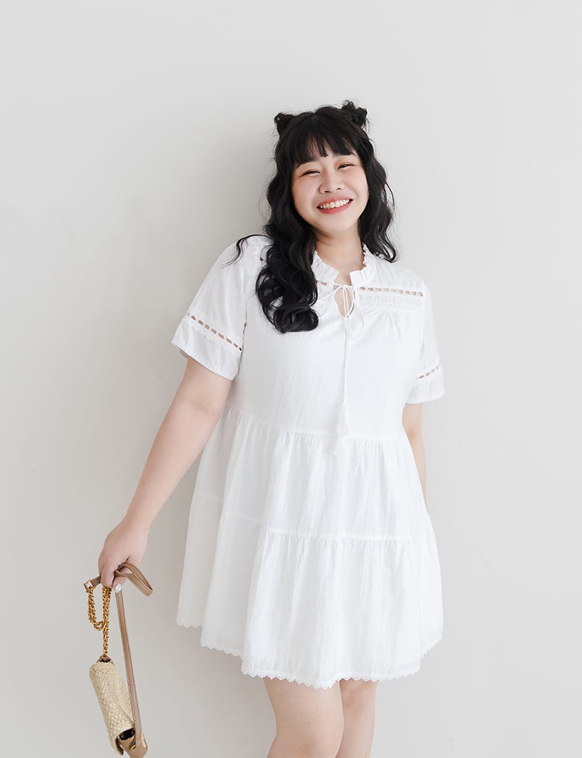 Intricate Lace Tie-Waist Flare Plus Size Mini Dress