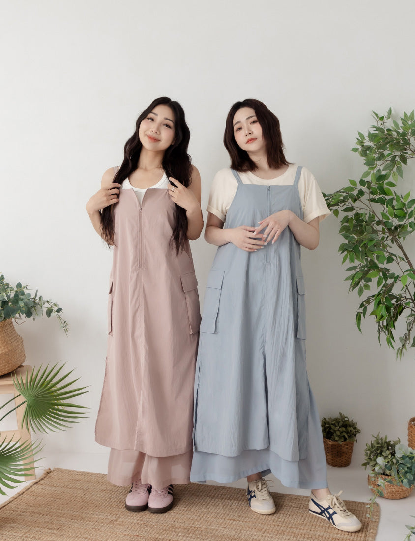 Multi-Layered Cargo Adjustable Strap Plus Size Maxi Dress