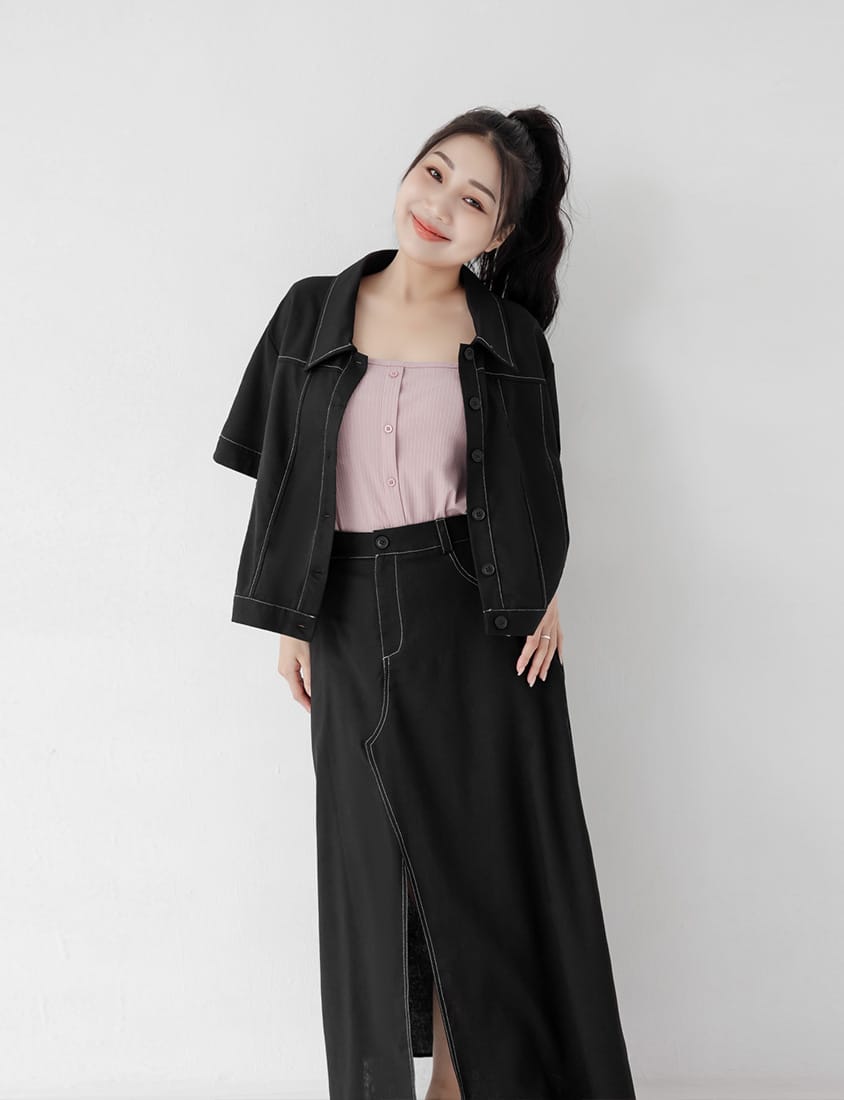 Multi-Color Ribbed Square Neck Faux Button Plus Size Top