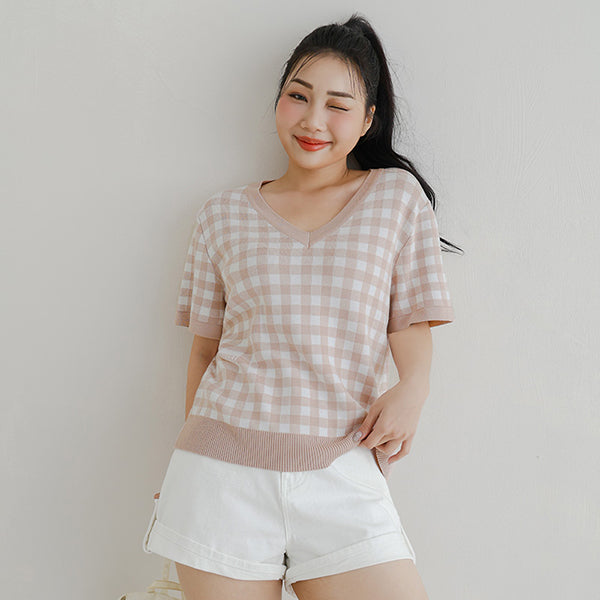 Plaid V-Neck Knit Plus Size Short Sleeve Top