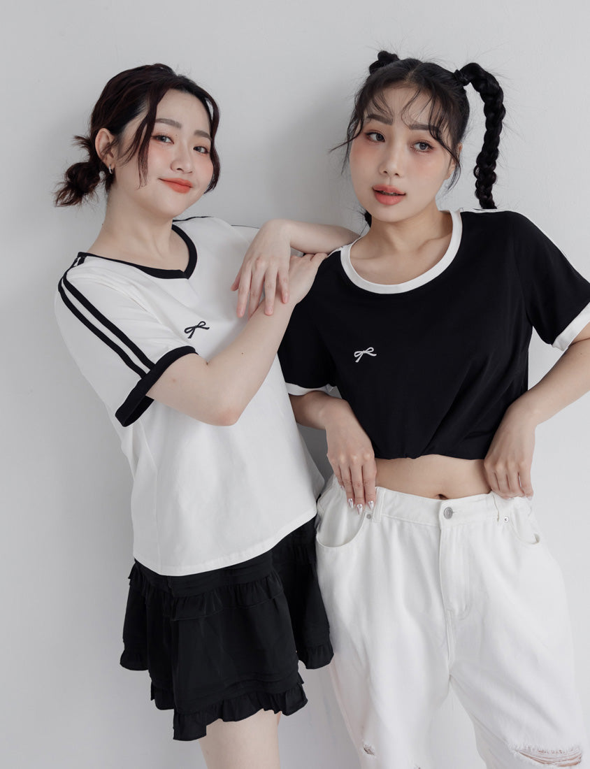 American Style Sporty Bow Embroidery Plus Size Tee