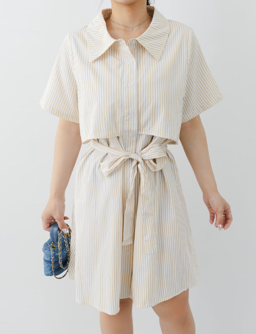 MISS. Japanese Style Striped Layered Plus Size Shirt Dress (with Belt)