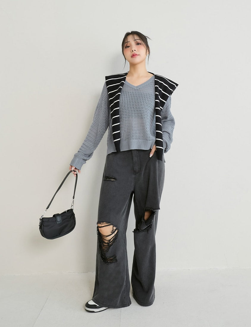 Anti-Pilling V-Neck Eyelet Plus Size Knit Top