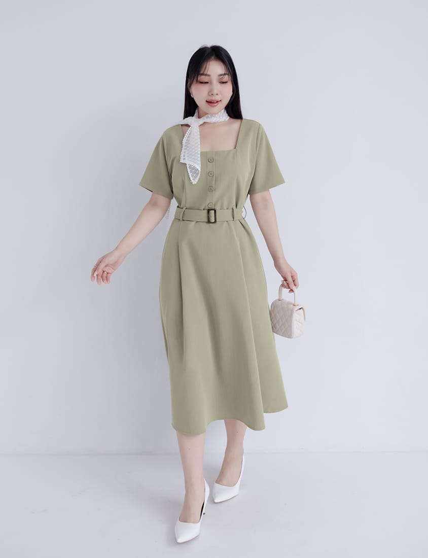 MISS. Square Neck Faux Button Elegant Plus Size Long Dress (With Belt)