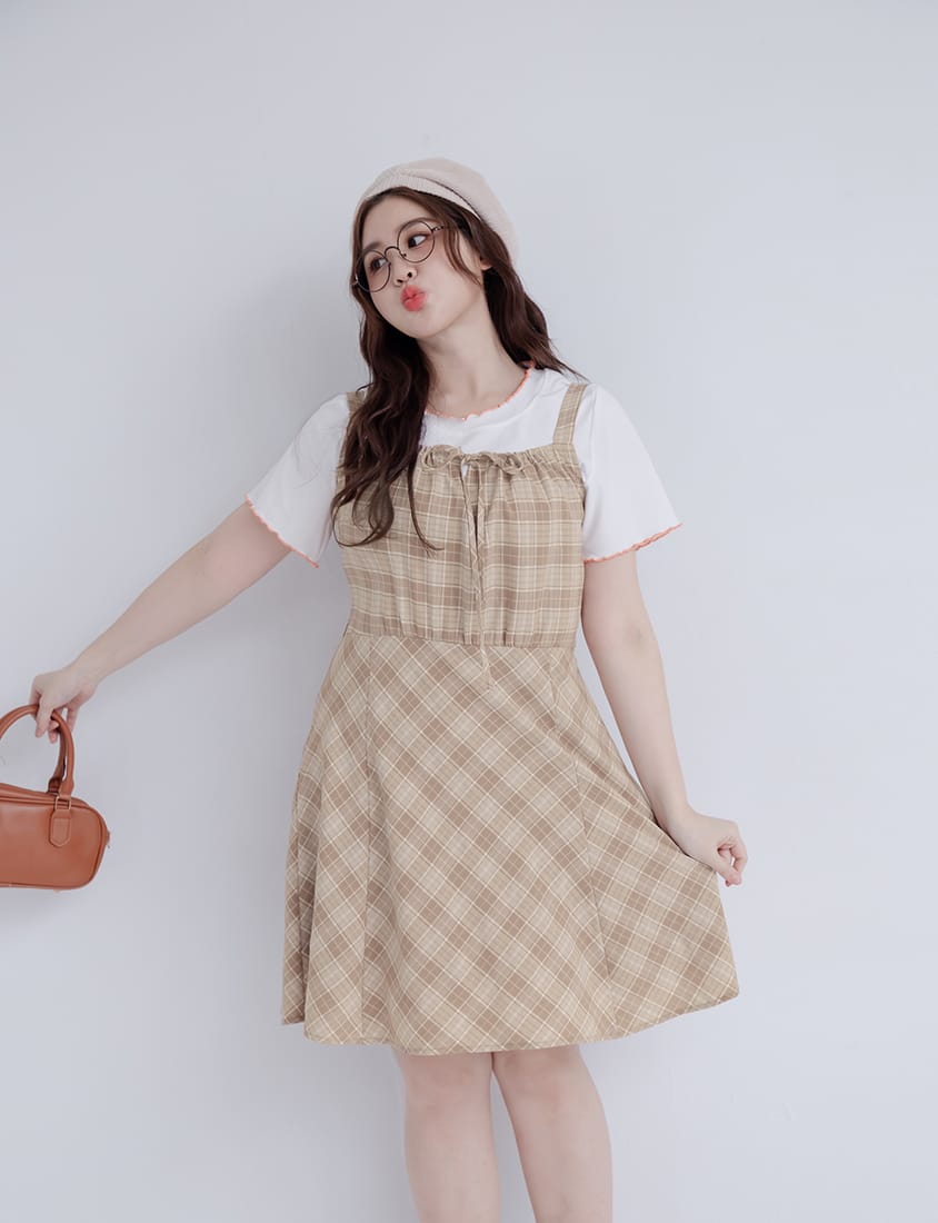 Preppy Adjustable Plaid Plus Size Mini Dress