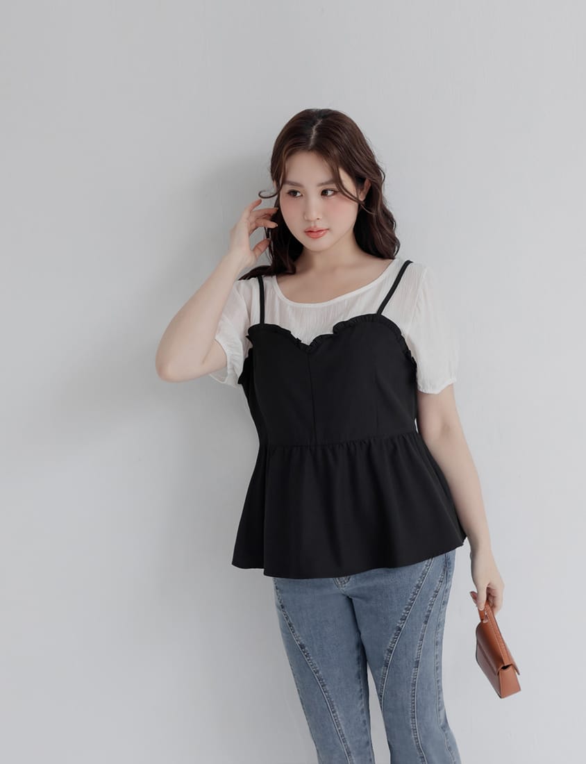 Faux Two-Piece Ruffle-Trim Layered-Look Plus Size Peplum Blouse