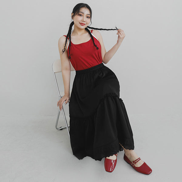 Korean Style Flowy Lace Trim Tiered Plus Size Maxi Skirt