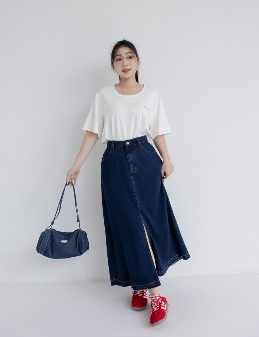 Lyocell Cooling Slit Plus Size Denim Maxi Skirt