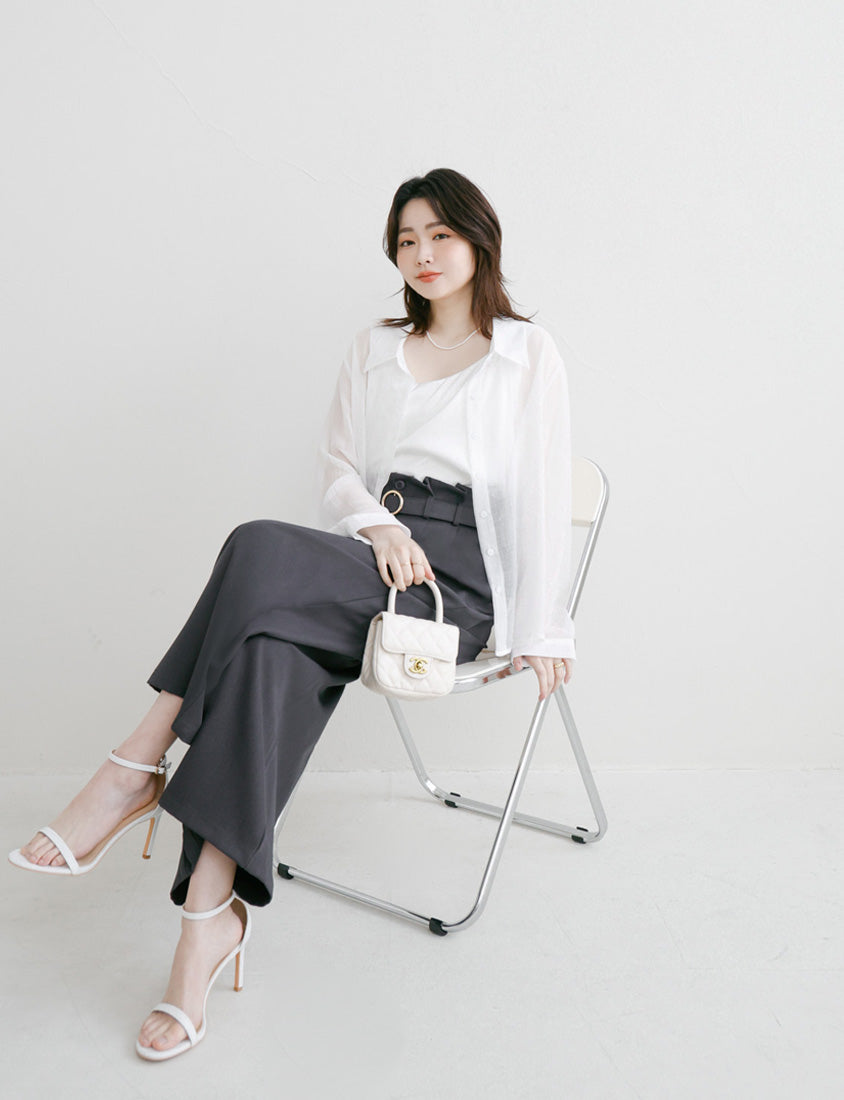 MISS. High-Waisted Bubble Hem Wrinkle-Free Belted Plus Size Wide-Leg Pants