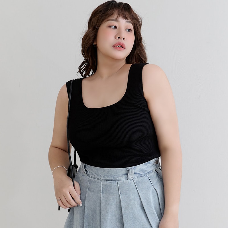 Square Neck Wide Straps Bra Bulges Support Knit Plus Size Tank Top