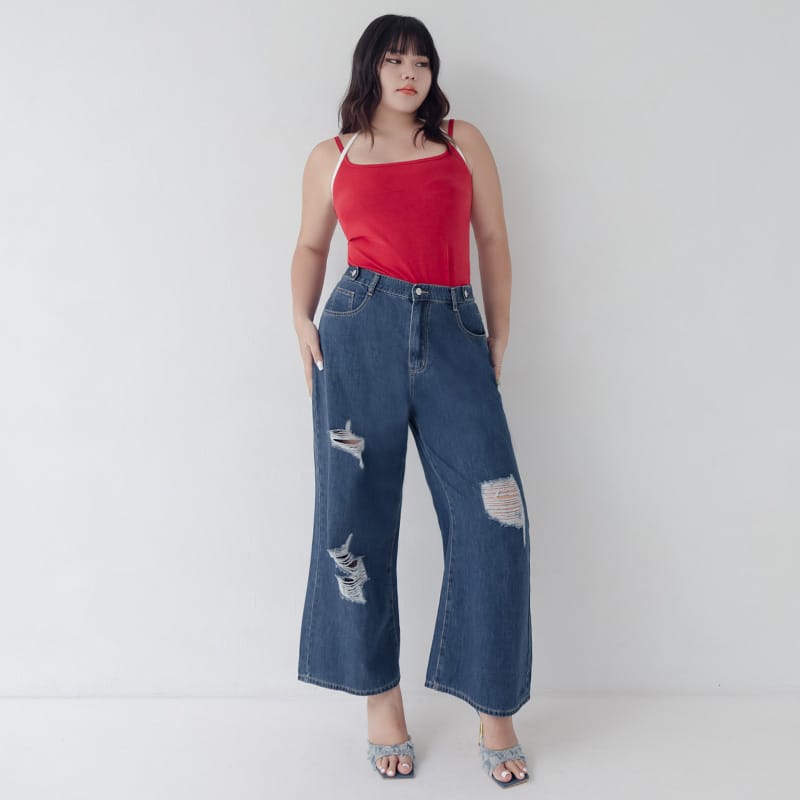 MUA! Distressed Denim Elastic Back Plus Size Wide Leg Jeans