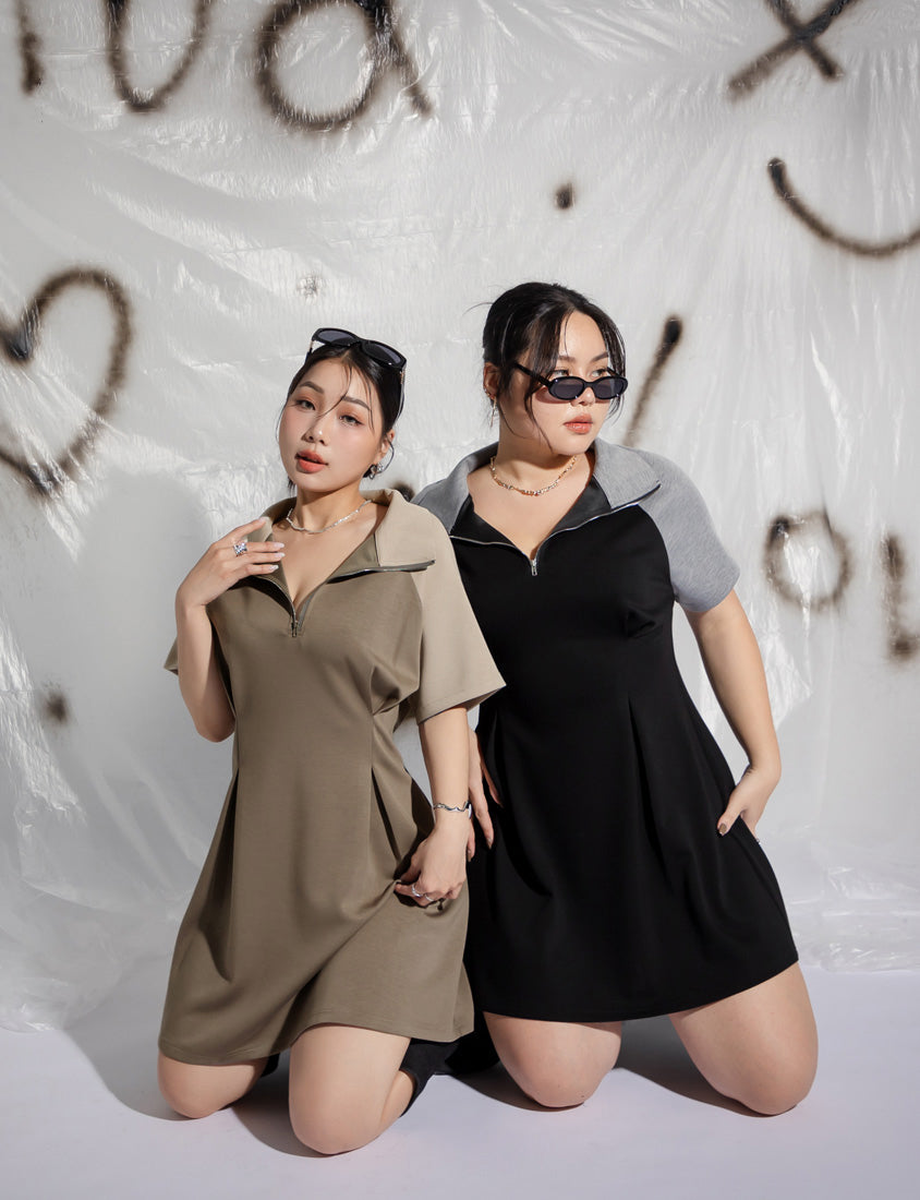 MUA! Space Cotton Color-Block Stand Collar Plus Size Short Sleeve Mini Dress