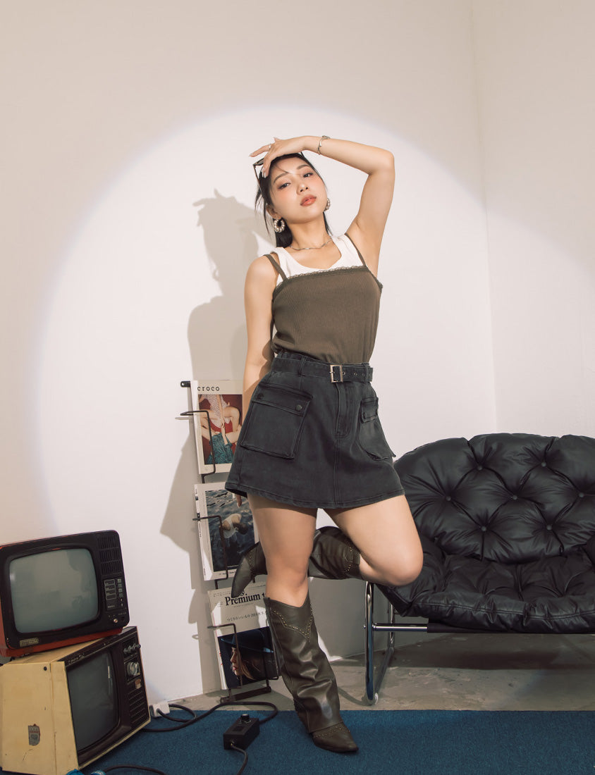 MUA! Washed Denim Plus Size Utility Skort with Belt