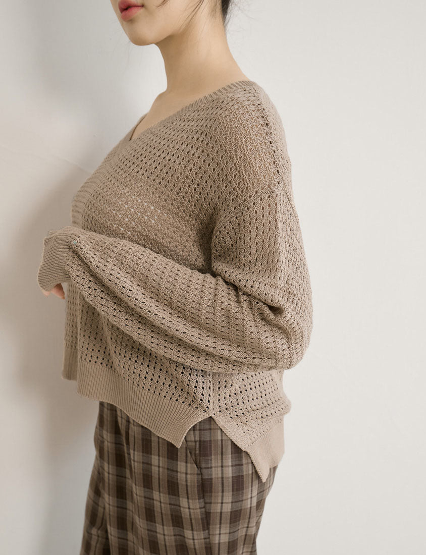 Anti-Pilling V-Neck Eyelet Plus Size Knit Top