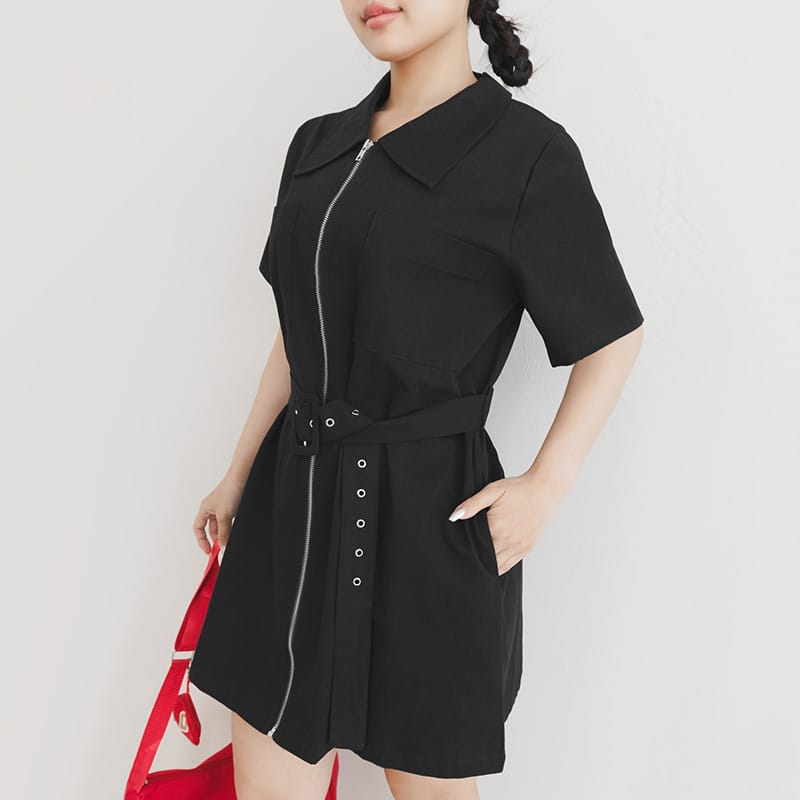 Casual Cargo Zip-Front Plus Size Mini Dress (With Belt)