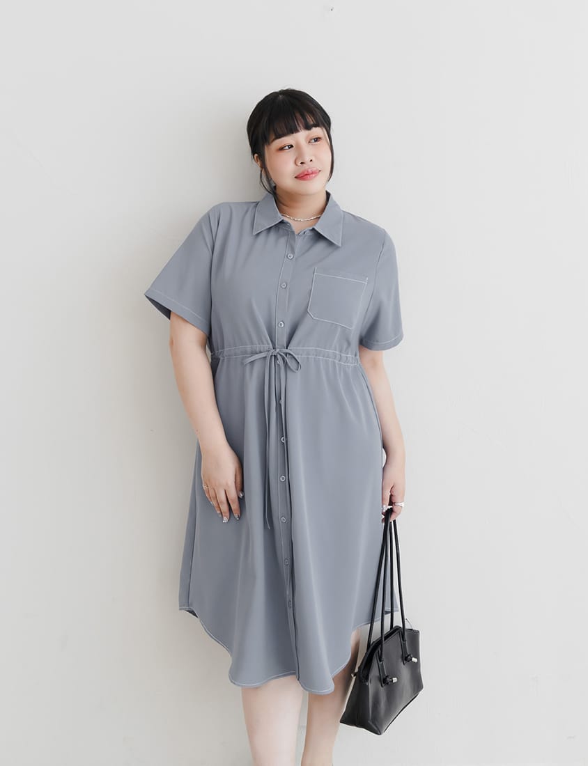 MISS. Contrast Stitch Drawstring Long Plus Size Shirt