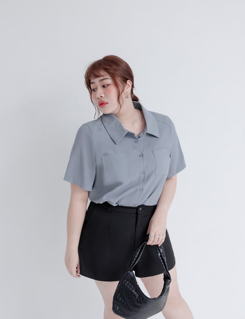 MISS. Drop Shoulder Stitching Double Pocket Plus Size Short Sleeve Shirt