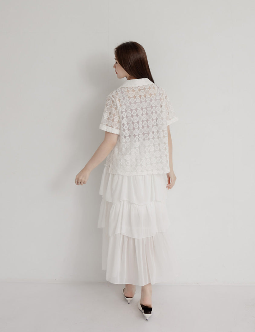 MISS. Cuban Collar Lace Eyelet Plus Size Shirt