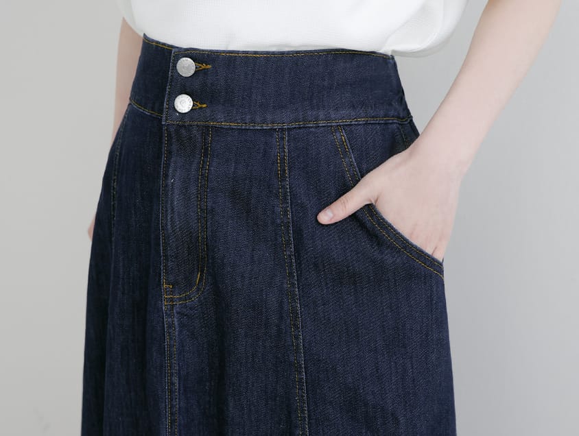 Lyocell Silky Denim Elastic Back Flare Plus Size Maxi Skirt
