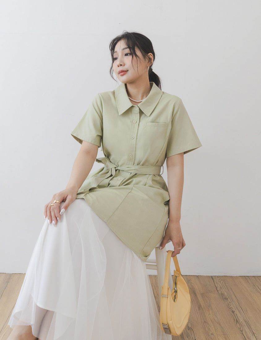 MISS. Korean-Style Button-Front Contrast Stitch Plus Size Dress (with Waist Tie)