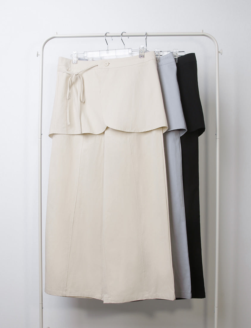 Layered Twill Plus Size Wide-Leg Pants (with Skirt Panel)