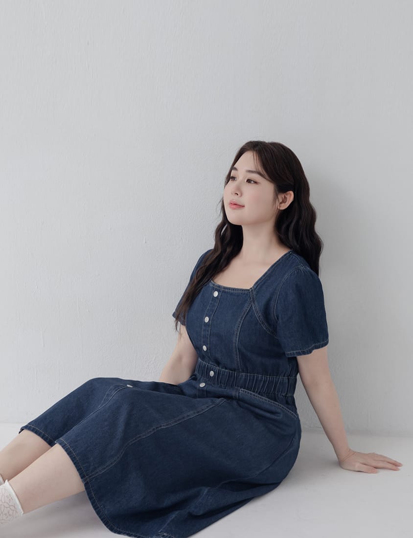 Square Neck Faux Button Elastic Waist Plus Size Denim Maxi Dress