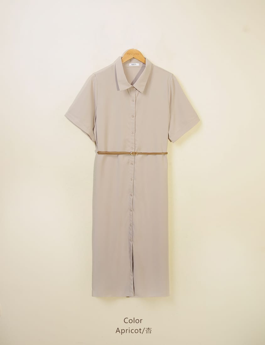 MISS. Button Twill Collar Plus Size Short Sleeve Dress (with Belt)