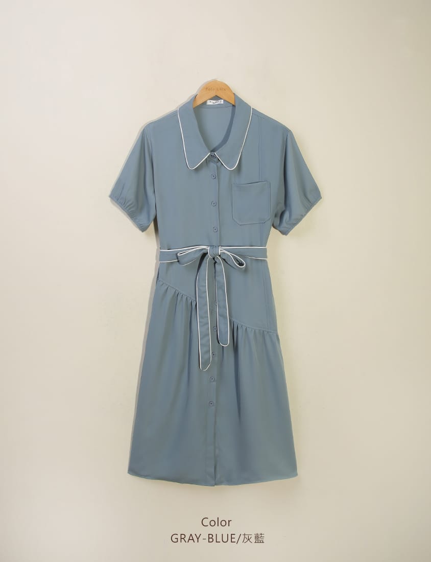 Color-Trimmed Plus Size Puff Sleeve Maxi Dress (With Waist Tie)