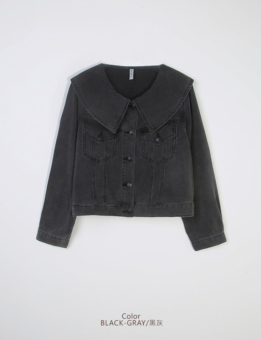 Korean Style Statement Collar Button-Down Plus Size Denim Jacket