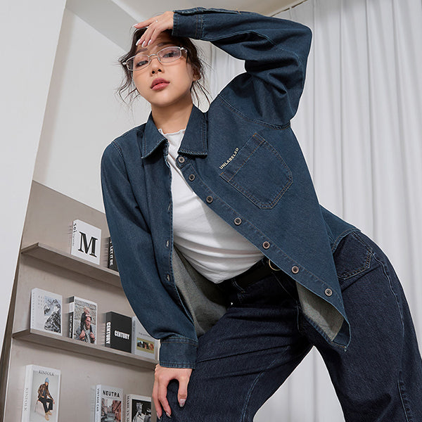 Washed Graphic Oversized Denim Plus Size Long Sleeve Shirt (Unisex)