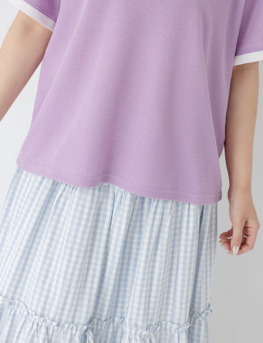 Colorblock Waffle Heart Embroidery Plus Size Top