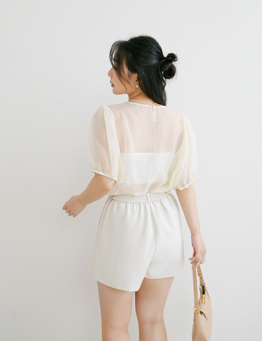 MISS. Sheer Textured Round Neck Puff-Sleeve Plus Size Blouse