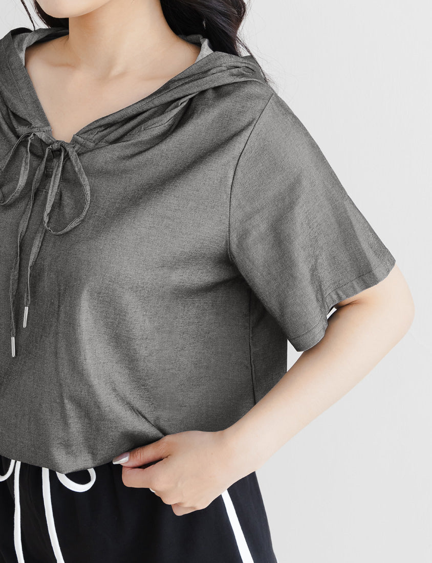 Faux Denim Hoodie Tie-Front Plus Size Short Sleeve Top