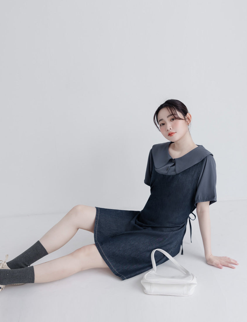 Faux Two-Piece Denim Collar Waist-Tie Plus Size Dress
