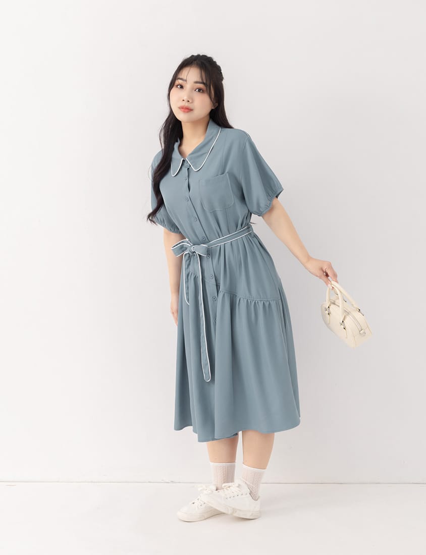Color-Trimmed Plus Size Puff Sleeve Maxi Dress (With Waist Tie)