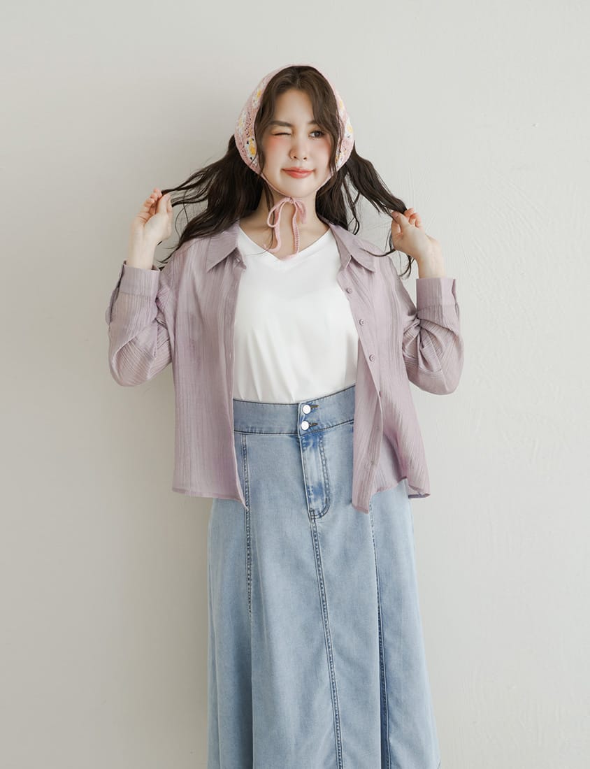 Crinkled Texture Sheer Tie-Back Plus Size Long Sleeve Shirt