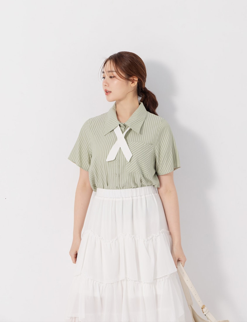 MISS. Preppy Contrast Stripe Plus Size Short Sleeve Shirt (With Neck Tie)
