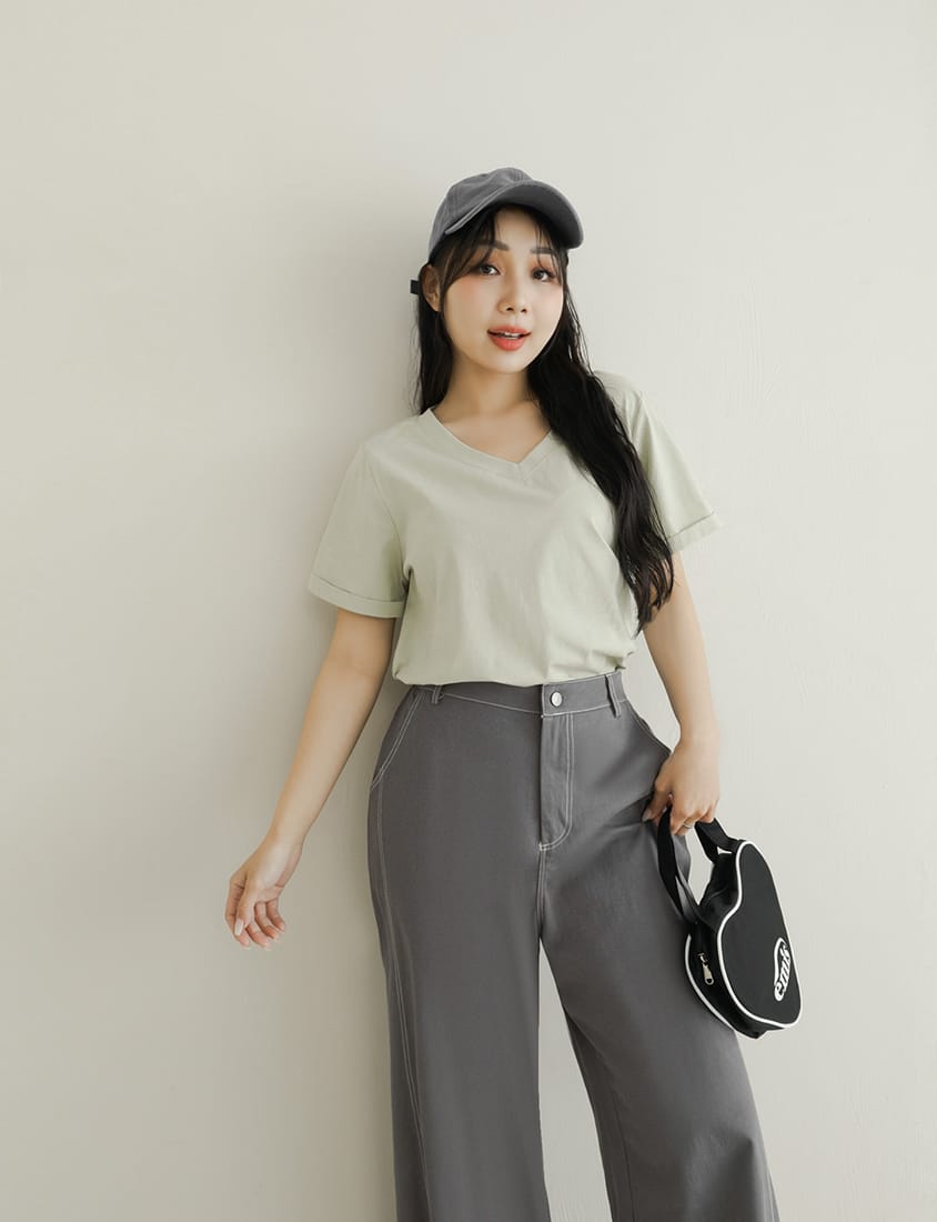 Color-Block Stitched Twill Cotton Straight-Leg Plus Size Pants