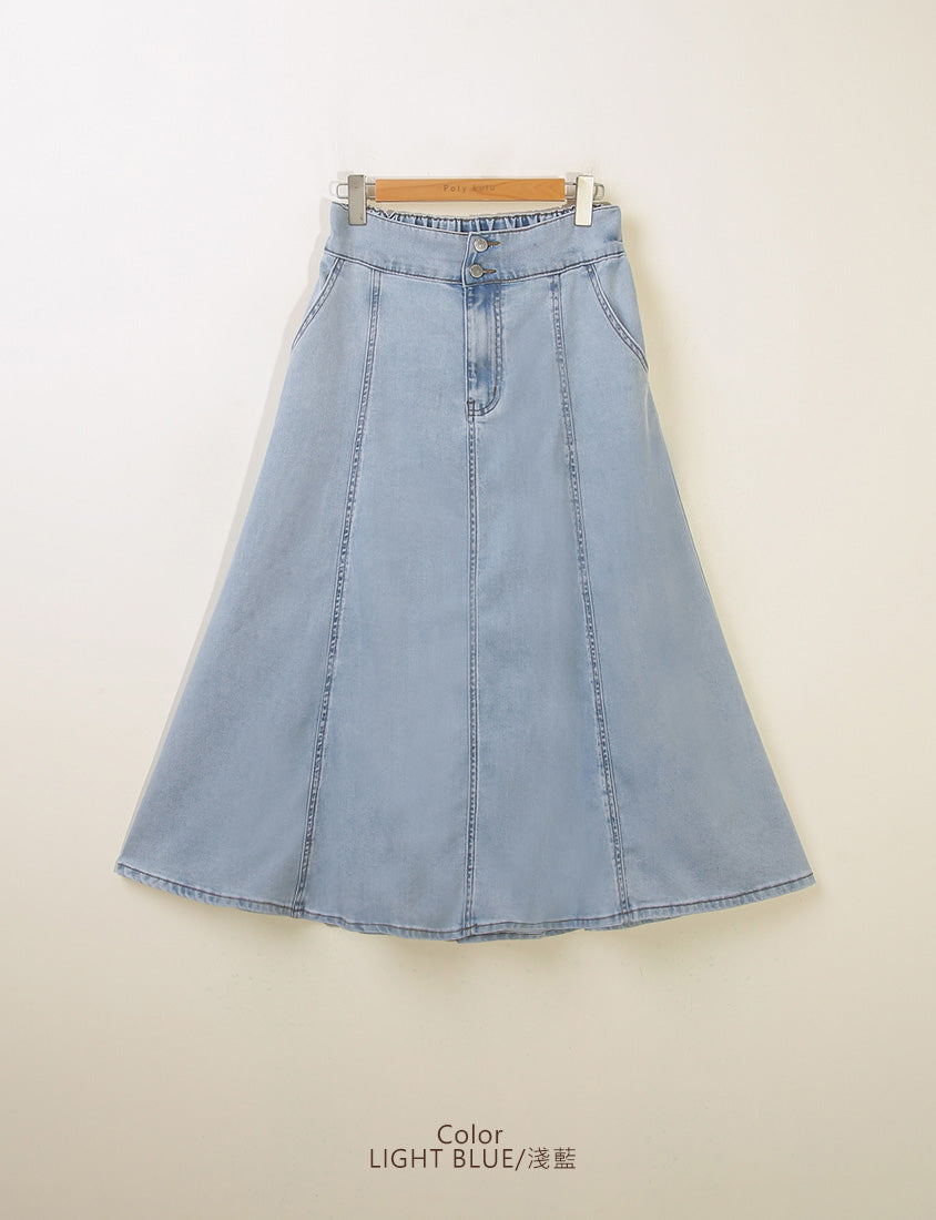 Lyocell Silky Denim Elastic Back Flare Plus Size Maxi Skirt
