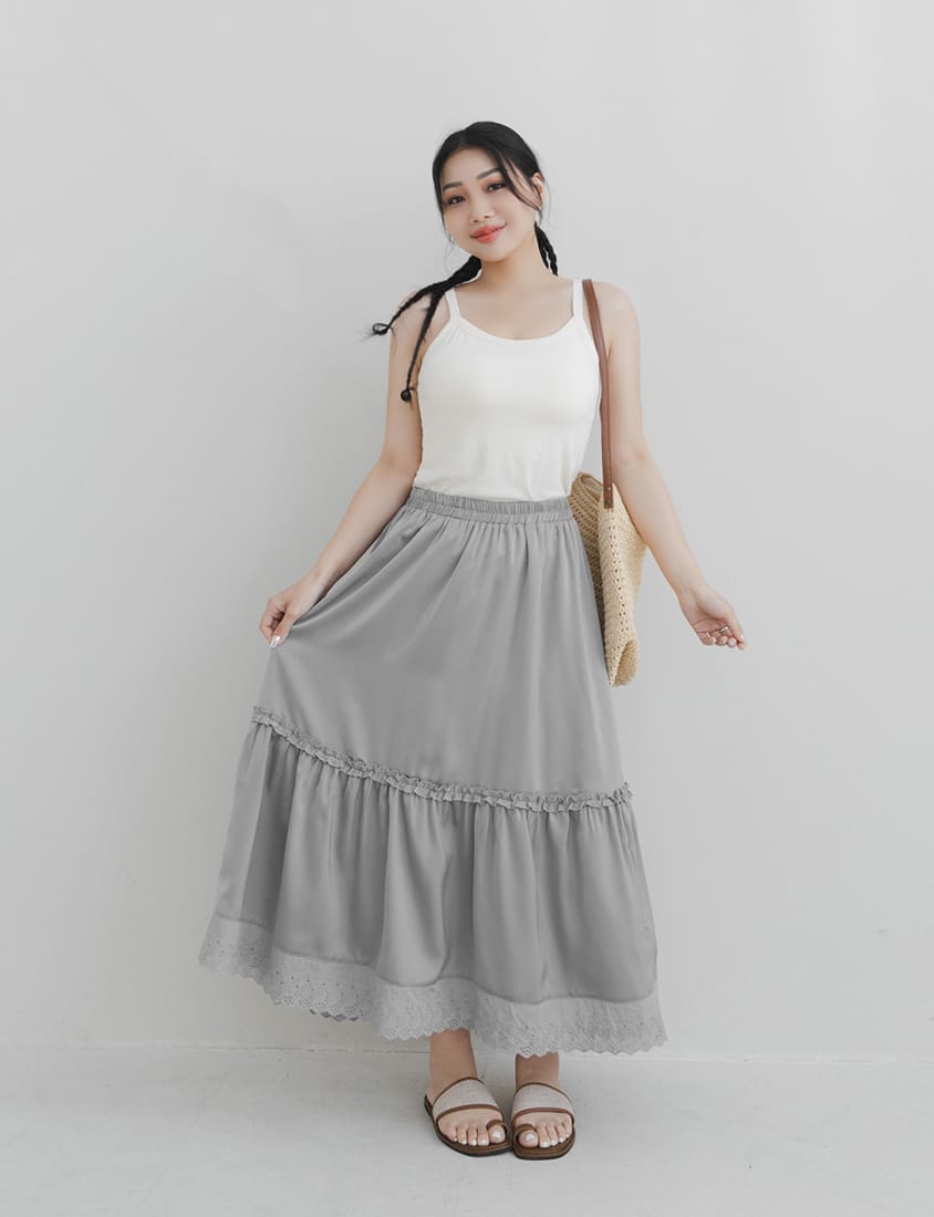 Korean Style Flowy Lace Trim Tiered Plus Size Maxi Skirt